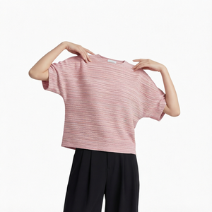 Custom logo Crop <b>Top</b> T-shirt Women's Striped T-Shirt <b>Cap</b> <b>Sleeve</b> Crew Neck Knitted Cotton Loose Fit Casual Spring Summer - Product Image 1