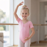 Justaucorps de ballet pour enfants en coton rose à col froncé, col en V, manches courtes, haute élasticité, doux pour la peau, confortable, vente en gros personnalisée