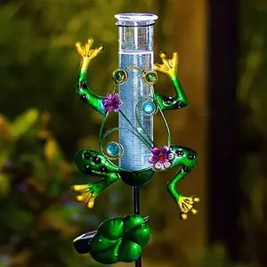 Garden Decoration Rain Gauge Metal Frog with Plastic Tube Solar Rain Gauge for Yards Garden