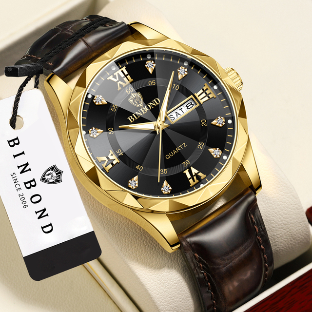 BINBOND Real Leather Luxury Watch Men's Band Business Watch 43mm Pointer Dial Waterproof Quartz Watch