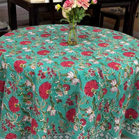 Nappe de table en tissu imprimé bloc à main nappe 8 places avec bordure nappe ronde imprimée bloc à main tout rond