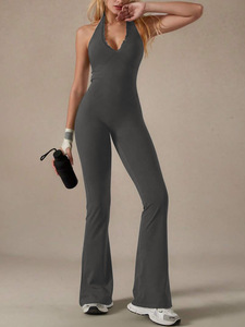 Solid Color V-neck <strong>Lace</strong> <strong>Trim</strong> Halter Yoga Workout Jumpsuit <strong>Leggings</strong> - Product Image 6