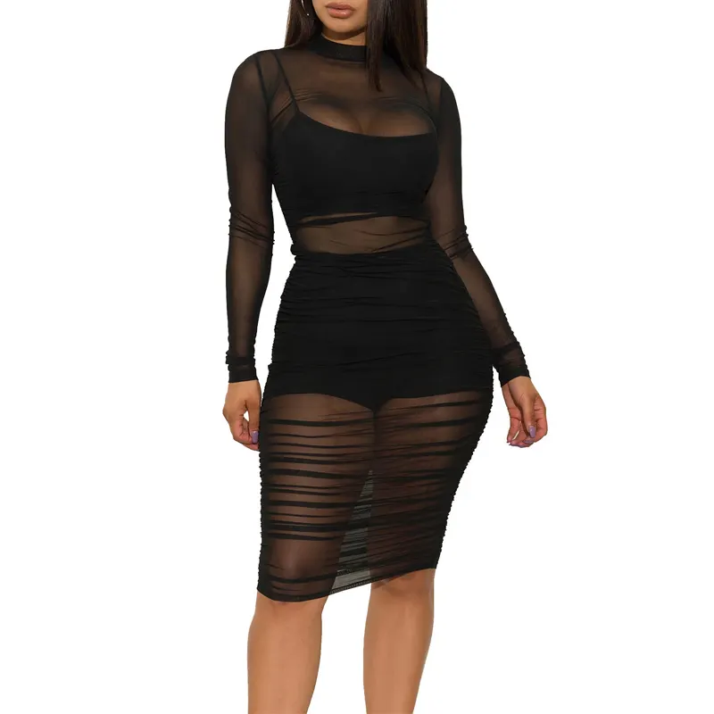 CA1903A 2021 hot FASHION 3 piece set women sexy club outfits mesh dress + tank top + shorts BEST SELLING ITEMS