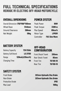 Moto tout-terrain haute vitesse 85 km/h, 8 kW, 330 N.m, double usage, freins hydrauliques, modes de conduite pour UE/US, moteur LPMSM 8 kW R1 - Product Image 6