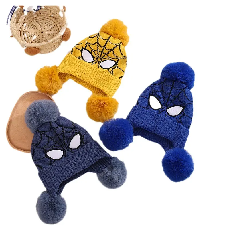 Bestseller Herfst En Winter Kinderen Spider-Man Cartoon Oor Bescherming Wollen Gebreide Muts Baby Warm Winddicht Gebreide Muts