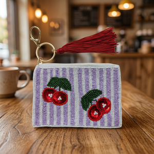 Jaunty Cherry Bead Embroidery Customized Pouch Striped Zipper Coin Wallet <b>Tassel</b> <b>Key</b> Chain Daily Use Fashion Accessory Family - Product Image 1