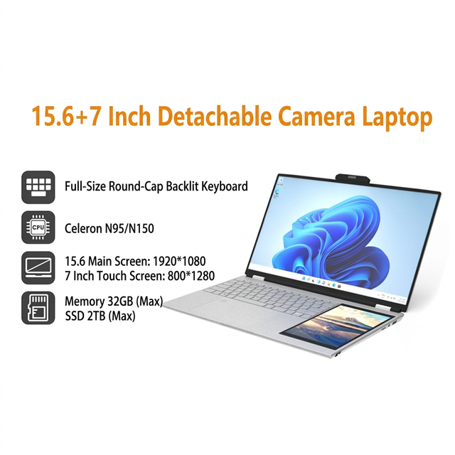 Custom 15.6 +7 Inch Dual-Screen Computer Intel Celeron N100 CPU SSD RGB Backlit Keyboard Thin & Light Laptop for Office Learning