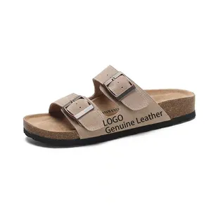 Wholesale Custom Luxury Doublle Buckle Genuine Leather Men's Cork Soles For Beach Sandals