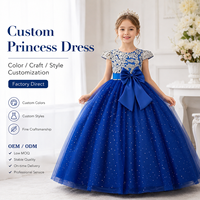 Robe de princesse moelleuse pour filles, robe en maille à nœud à la taille et paillettes pour mariages et concours de beauté, col rond, décoration en dentelle de mousseline