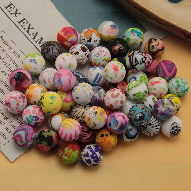 DIY Teething Beads BPA Free 15mm Printed Silicone Beads Jewelry Making Beads