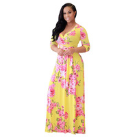 8230424 Nouvelle robe longue grande taille pour femmes, robe maxi à imprimé floral, manches longues