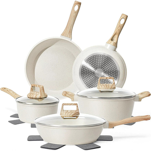 Juego de 12 piezas de utensilios de cocina antiadherentes color crema, juego de ollas y sartenes estéticas con mangos de madera, revestimiento de granito, juego de cocina - Product Image 1