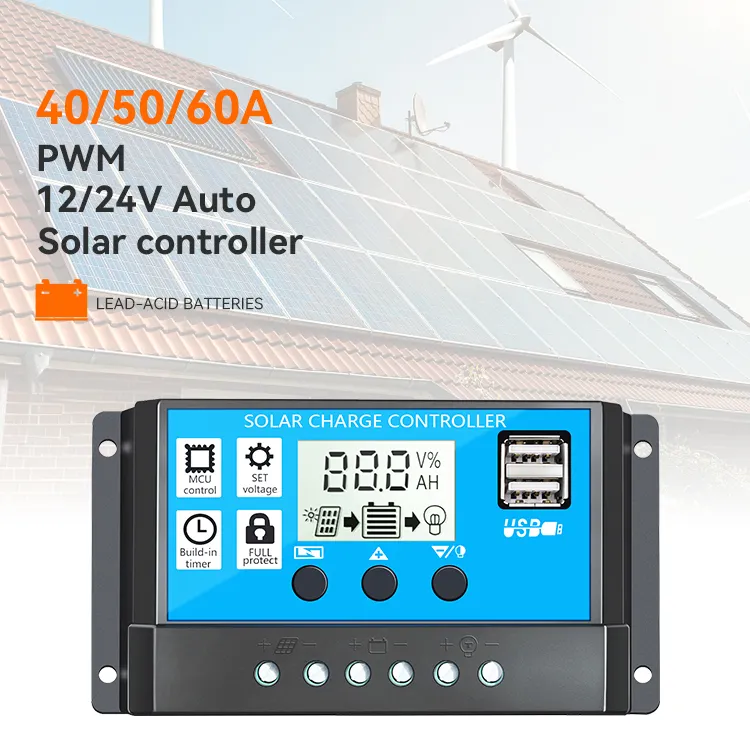 En stock 40A 50A 60A 12V/24V contrôleur de charge solaire PWM automatique contrôleur de charge solaire à double interface USB