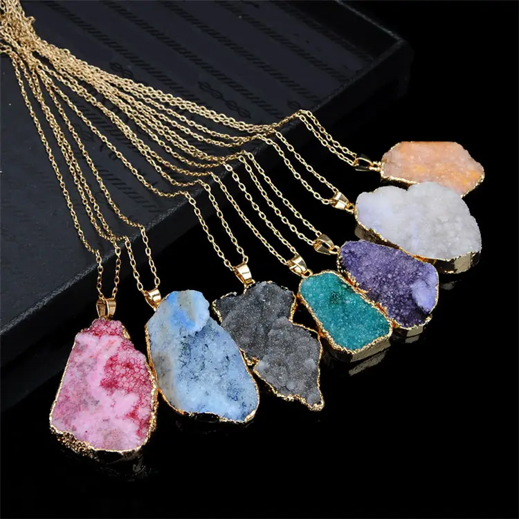 Irregular Gold Plated Long Chain Original Unpolished Stone Sliced Agate Pendant Necklace Geode Agate Druzy Necklace
