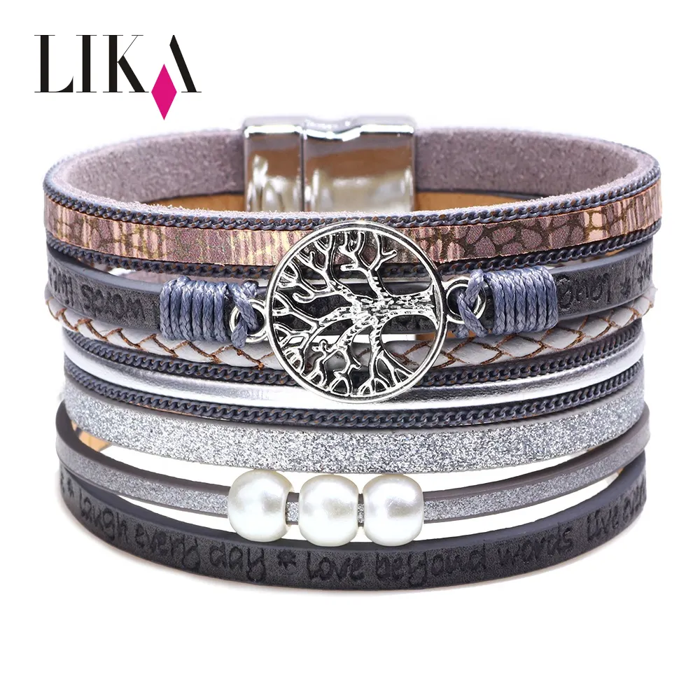 LIKA Colorful Multilayer Sparkly Layered Fabric Bohemian Life Tree Magnetic clasp Leather Chakra Crystal Bracelet