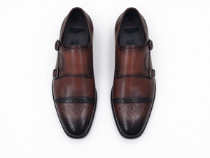 Chaussures habillées marron pour hommes à double boucle, en cuir patiné, à enfiler, avec bout brogue, antidérapantes, pour le bureau, la carrière, les mariages, vente en gros - Product Image 5