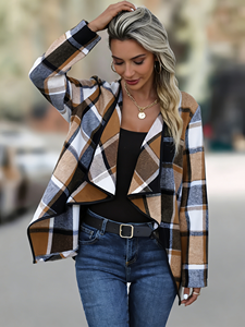 Abrigo a Cuadros Marrón con Bloques de Color para Mujer |   Chaqueta Oversize Elegante para Tallas Grandes |   Ropa de abrigo informal para otoño e invierno - Product Image 5