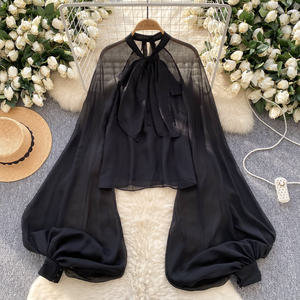 Camisa de gasa estampada para mujer Pajarita de moda con top de red de linterna - Product Image 2