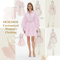 Nouvelle Robe Mini Plissée Rose Pâle à Col Chemise, Manches Longues Bouffantes, Ceinture et Boutons sur les Poignets, Coupe Évasée, Personnalisable, Vente en Gros pour Femmes