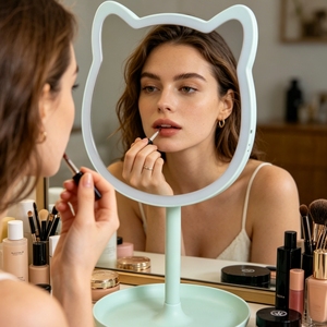 Miroir de Maquillage LED Kawaii à Oreilles de <span class=keywords><strong>Chat</strong></span>, Capteur Tactile, Luminosité Réglable, Base de Rangement, Grossissement 1x, Verre Plastique, Usage Quotidien - Product Image 2