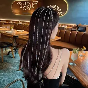 Shine bando berlian imitasi penuh untuk wanita, bando rambut rumbai panjang kristal untuk pesta pernikahan