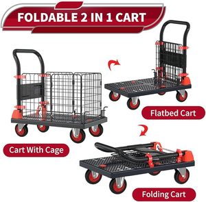 2 In 1 Opvouwbare Platform Trolley Met Gesloten Kooi Zware Opvouwbare Flatbed Dolly Kar Handwagen Met Kooien Voor Watervat - Product Image 4