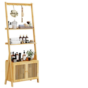 Bamboo Floor Standing <b>Coat</b> Rack 3 Tier Storage <b>Shelf</b> <b>With</b> <b>Hooks</b> Entryway Bedroom Multi Functional Organizer Cabinet - Product Image 5