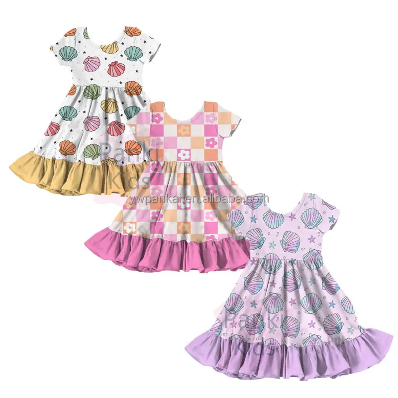 Summer New Baby Girls' Ruffled Dress Custom Sea Shell Print Kids Girl Short Sleeve Princess Dress