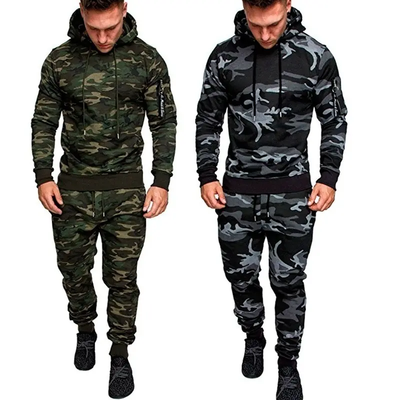Setelan Baju Olahraga Pria, Desain Terbaru Mode Lengan Panjang Kamuflase Hoodie + Celana Set Olahraga Jogging 2 Potong Camo untuk Pria