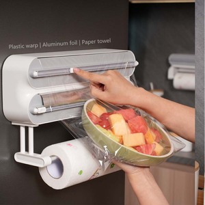 Coupe-<span class=keywords><strong>film</strong></span> alimentaire en aluminium amélioré 3-en-1 avec double lame <span class=keywords><strong>et</strong></span> organisateur de cuisine pour essuie-tout - Product Image 1