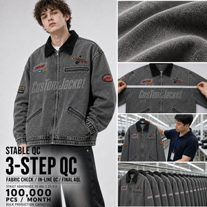 Chaqueta Vaquera Personalizada para Hombre, con Cierre, Estilo Urbano, Chaqueta de Trabajo con Parches Bordados, Chaqueta Vaquera de Algodón Oversize, Fabricante - Product Image 3