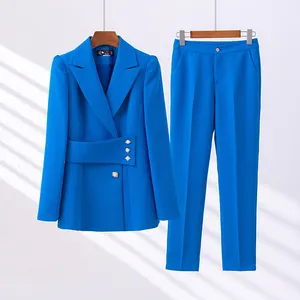 Ensemble pantalon 2 pièces de haute qualité, costume d'affaires formel bleu, Blazer avec poches, veste et pantalon de bureau pour femme