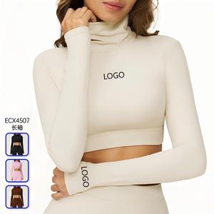 Camiseta Deportiva de Manga Larga con Cuello Alto para Mujer, Talla Grande, Ecológica, para Yoga y Fitness, Suave, Transpirable, de Spandex/Nailon, Ajuste Ceñido - Product Image 1