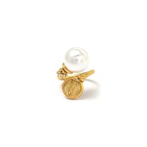 Fashion <b>Ring</b> Gold Plated Pearl With Diamond Accents <b>Adjustable</b> For Women - Product Image 1