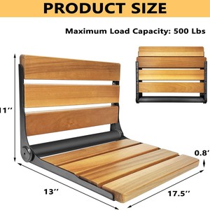 Tabouret de douche pliable mural en teck 33x43.2x25.4 cm, siège de sécurité pour salle de bain en acier inoxydable et bois massif - Product Image 3