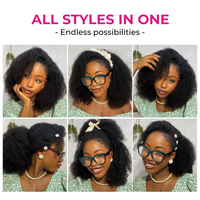 ISEE Afro Kinky Curly Demi-perruque 3-en-1 sans couture, sans colle, en cheveux humains, avec cordon de serrage, pour salon de beauté
