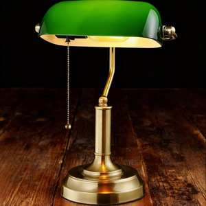 Retro màu xanh lá cây Thủy Tinh ngân hàng Đèn bàn cổ đèn bàn với cơ sở đồng thau đèn thư viện truyền thống với chuỗi kéo cổ điển - Product Image 1