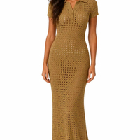 Robe longue moulante en crochet pour femme avec logo personnalisé, col polo, boutonnée, tissage ouvert, idéale pour les vacances de printemps – Fabrication OEM & ODM