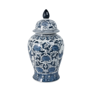 Vaso in ceramica con coperchio, design floreale blu e bianco, urna decorativa per soggiorno o camera da letto - Product Image 3