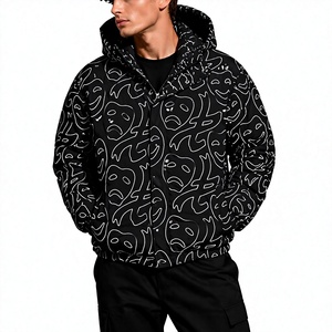 Chaqueta Acolchada con Capucha para Hombre, con Diseño de Rostro Dibujado a Mano, Resistente al Viento, Gruesa, para Invierno, Estilo Urbano, Cierre de Cremallera, Corte Regular - Product Image 1