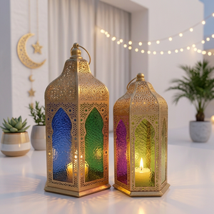 Lanternes à bougies en métal doré de style marocain populaires auprès des fabricants, avec verre coloré pour la décoration du Ramadan - Product Image 1