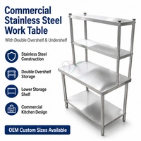 Table de préparation pour boulangerie et restaurant OEM, table de travail de cuisine commerciale en acier inoxydable sur mesure avec double étagère supérieure