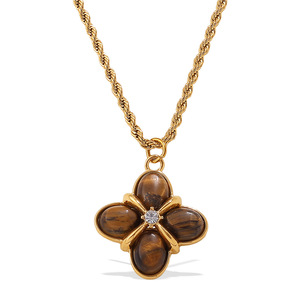 Flower Pendant Necklace 18K Gold Plated Tiger's Eye Oval Stones Round Diamond <b>Rope</b> <b>Chain</b> Classic Style Unisex Jewelry - Product Image 3