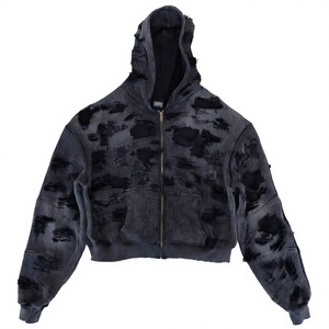 Sweat à capuche zippé oversize pour homme, 100% coton, effet délavé, tricot gaufré, streetwear personnalisé - Product Image 3