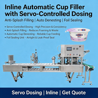 Máquina Automática de Llenado de Vasos con Dosificación Servocontrolada, Llenado Anti-Salpicaduras, Desnidozado Automático y Unidad de Sellado con Lámina