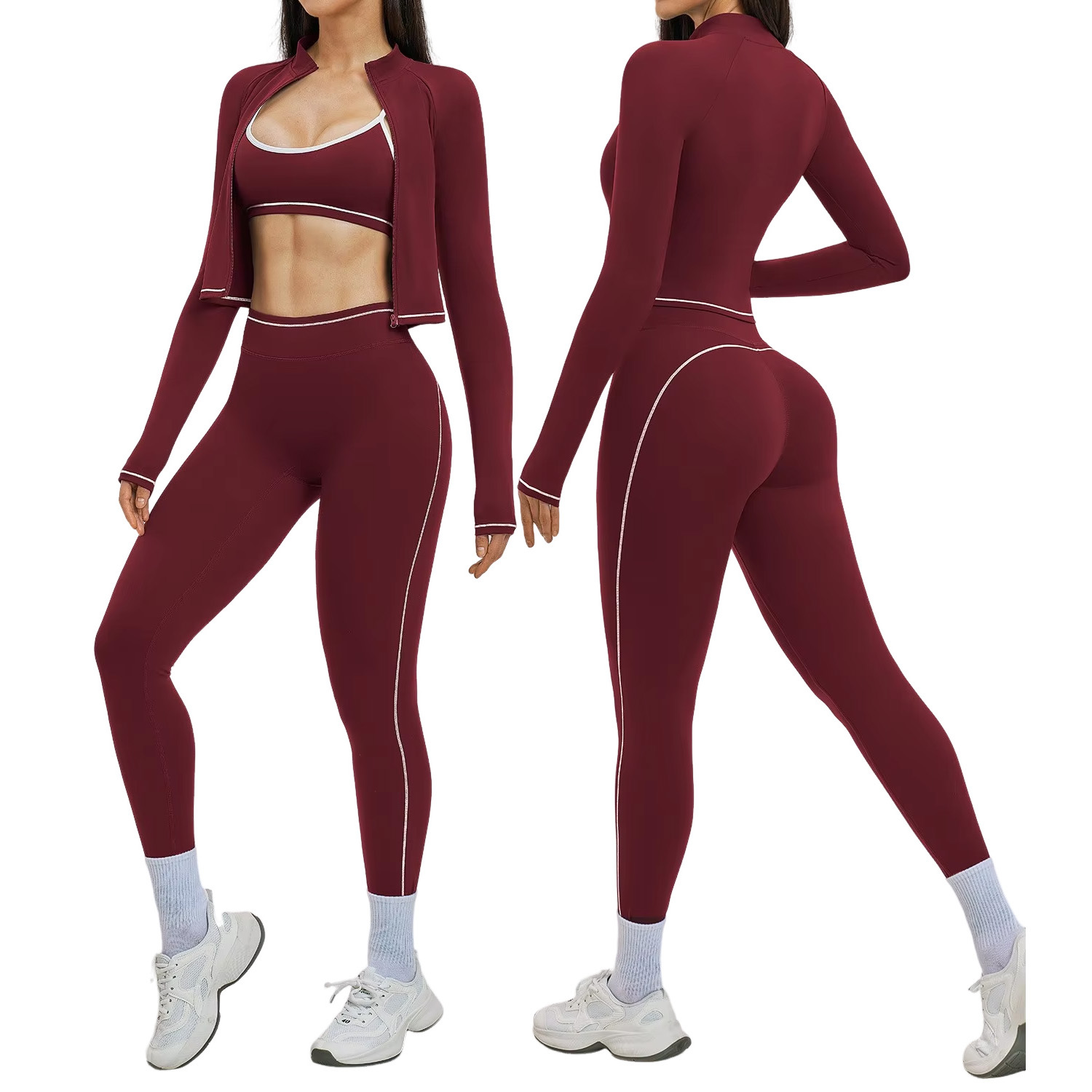 Color-Blocking Yoga Fitness Three-Piece Set Zippers Windproof Slim-Fit Outdoor Running Sports Suit Spandex/Nylon