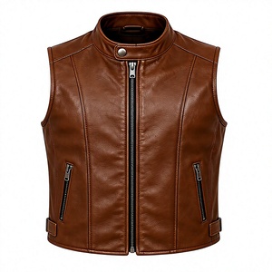 Chaleco de Motociclista de Cuero PU Marrón para Hombre, Cuello Alto, Cierre de Cremallera, Corte Regular, Color Sólido - Product Image 1