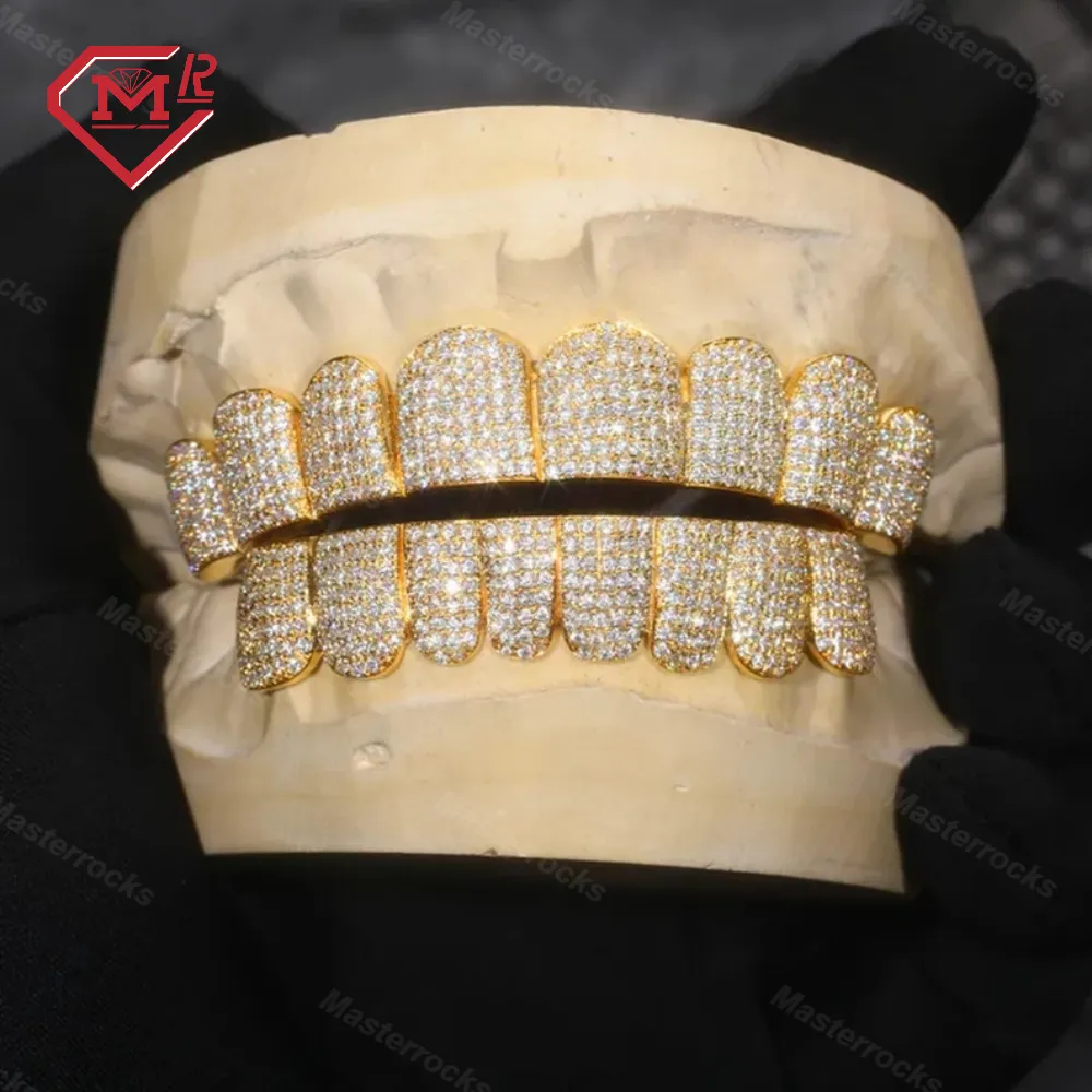 S925 Silver Rapper Jewelry Honeycomb Setting Grillz For Teeth Custom Gold Color Vvs Moissanite Grillz