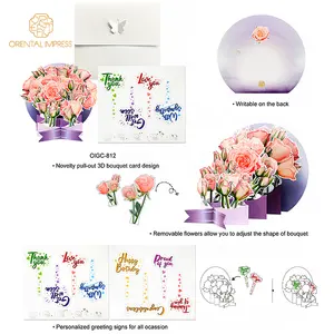 로맨틱 3D 팝업 장미 꽃다발 인사말 카드 인사말 텍스트 기호 막대기와 봉투