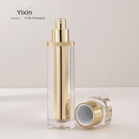Stock Disponible : Ensemble de Produits Cosmétiques et de Soins de la Peau en Acrylique, avec Pot d'Essence et Crème Hydratante Doré Électroplaqué, Emballage en Boîte pour Reconditionnement
